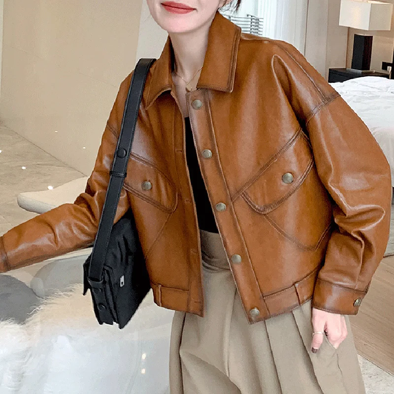 2023 New Lady Leather Jackets Sheepskin Crop Coat Solid Vintage Vegetable Tanned Leather Motorcycle Jacket Streetwear CL4019