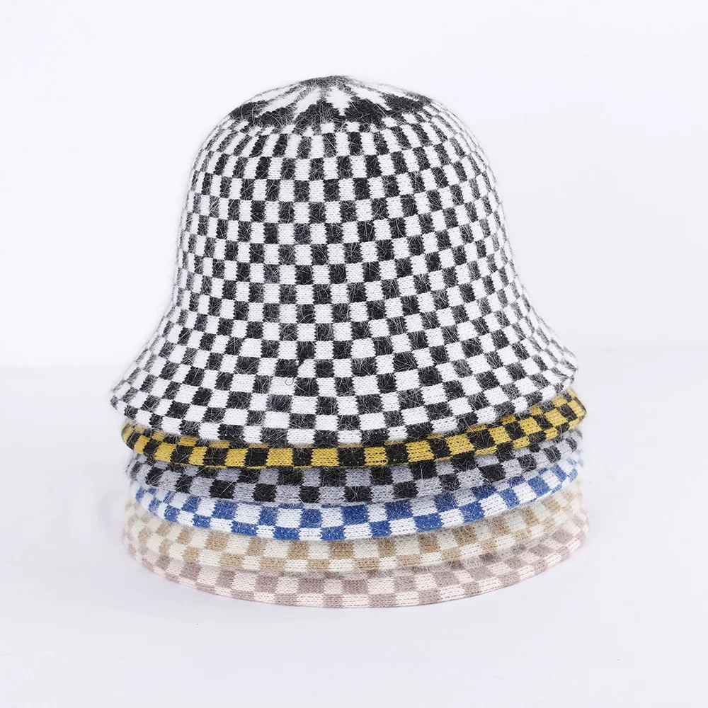 Женская панама из кроличьего меха винтажная Складная шапка в клетку Осень-зима