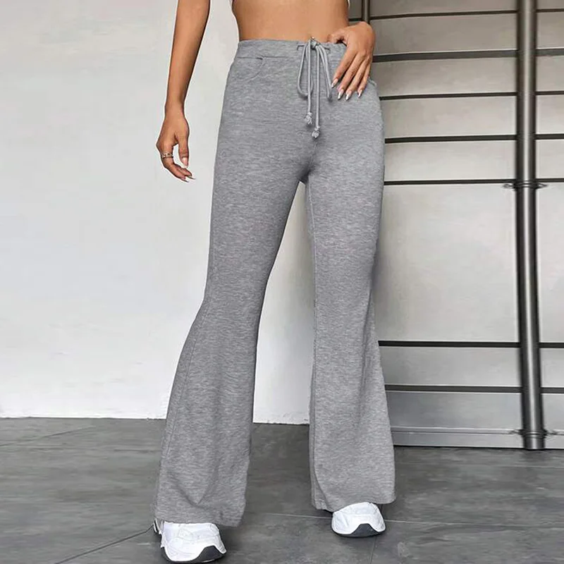 

Женские спортивные однотонные штаны для йоги с широкими штанинами и высокой талией, со шнуровкой, микро расклешенные брюки, повседневные облегающие Мягкие штаны для фитнеса