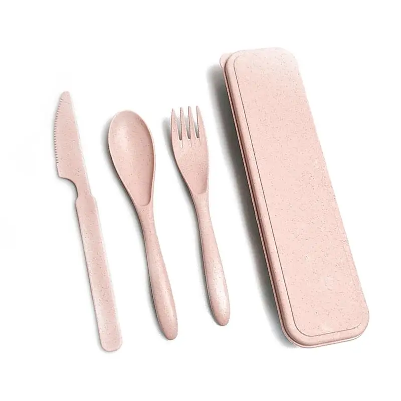 

Wheat Straw Tableware Set Reusable Solid Color Flatware Kit Indoor Outdoor Home Camping Dinnerware with Storage Case