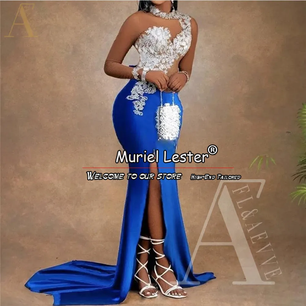 

Royal Blue Mermaid Prom Dresses For Black Girls White Appliques One Shoulder Formal Women Party Gowns One Shoulder Evening Dress