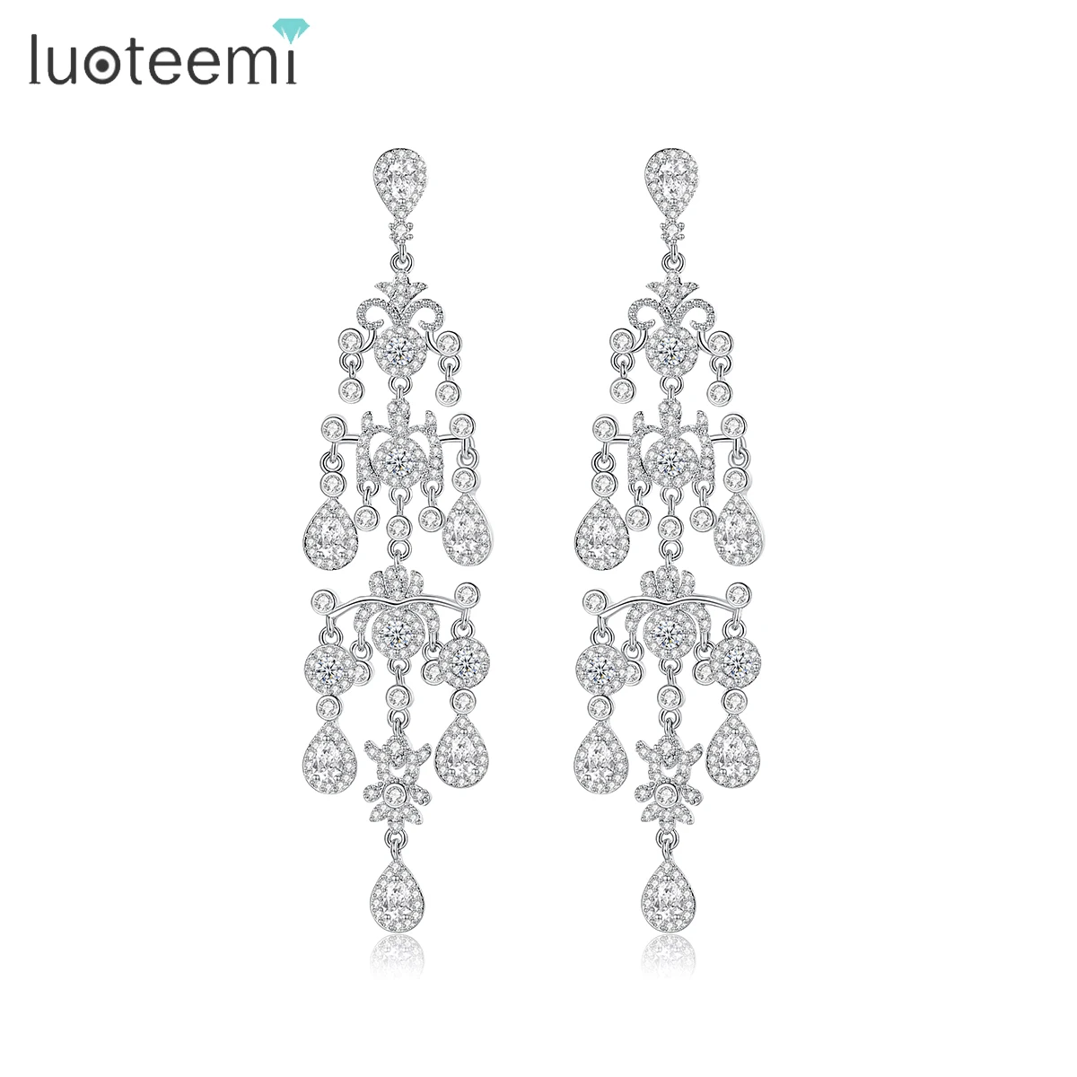 

LUOTEEMI Luxury Cubic Zirconia Chandelier Earrings for Women Crystal Long Tassel Wedding Bridal Dangle Engagement Accessories