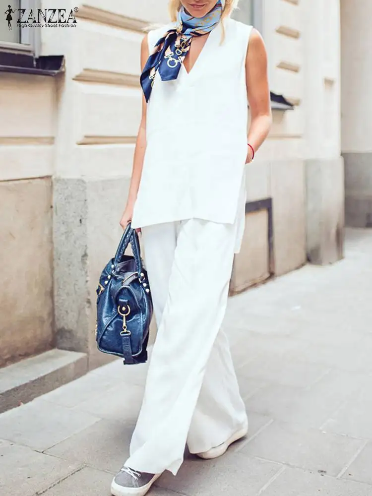 

ZANZEA Holiday Sleeveless V Neck Tank Tops Outfits Fashion Wide Leg Pant Matching Sets Women 2023 Summer 2pcs Sets Pant Suits