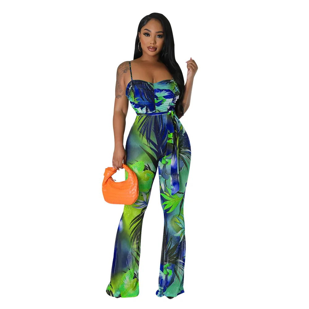 

Ladies Fashion Outfits Set Printing Sexy Backless Flares One Suit Pants New Woman Beach Female Dress Swimwear Cover Up Clothing