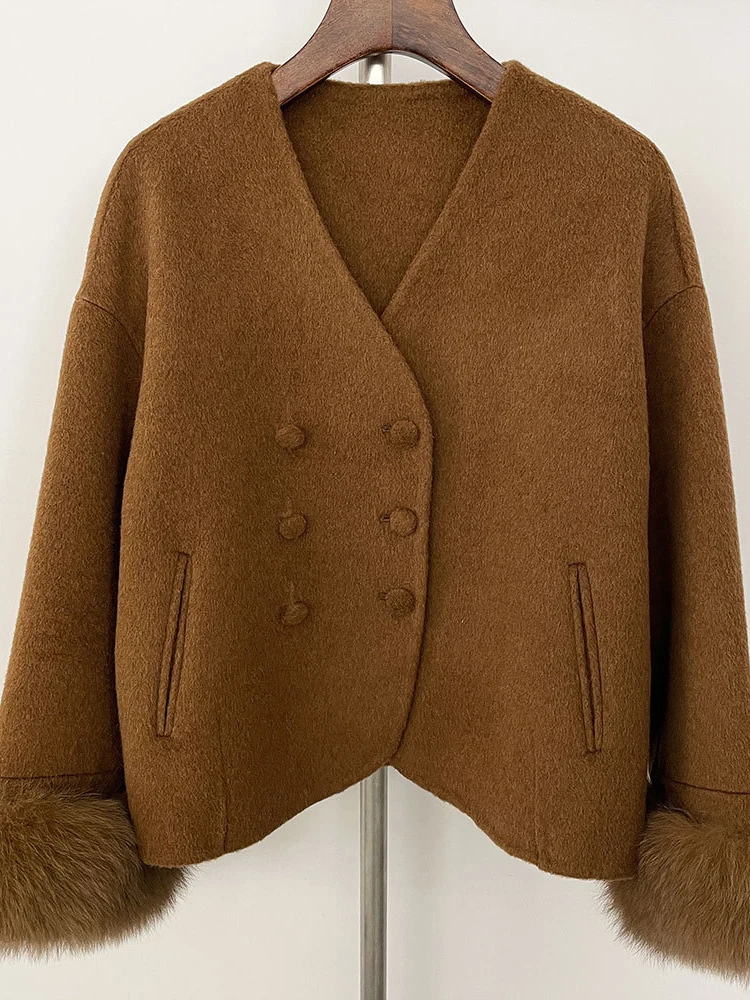 LANMREM шарф съемное шерстяное пальто с манжетами из лисьего меха темпераментное