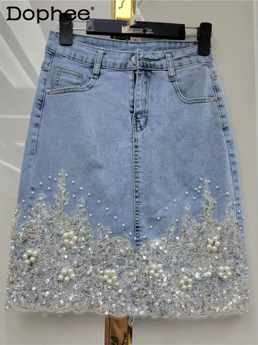 

Heavy Industry Beaded Hip Midi Skirt Women Flower Embroidery Elastic Slimming High Waist Denim Skirt Tide 2023 Summer New Faldas