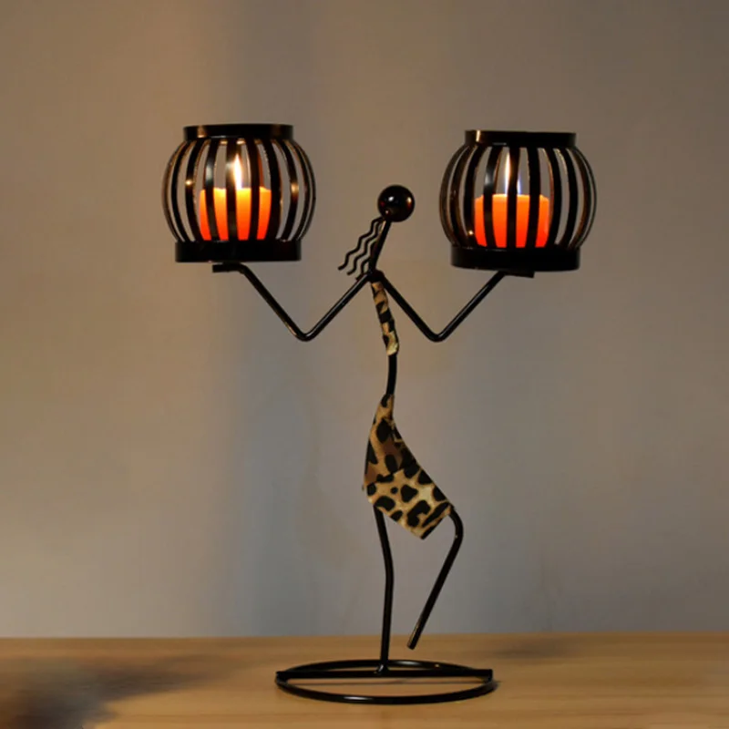 Metal Iron Crafts Double Lantern Leopard Print Character Sculpture Candlestick Home Decor Gift