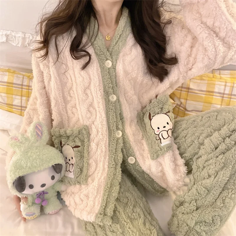

Sanrioed Pochacco Cartoon High Face Value Autumn Winter Thick Coral Fleece Pajamas Set Cute Creative Cardigan Home Wear