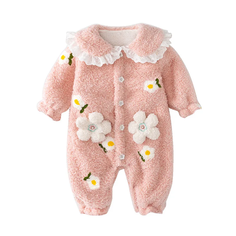 

Babe Winter Clothes for Girls Toddlers Fuzzy Flowers Single Breasted Jumpsuits Toddlers Casual Rompers Children Warm Bodysuits
