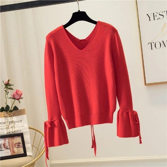 

2022 Solid Red Pullover Girl Woman Women Sweater V-Neck Knit Tops Casual Women's Sweaters Fall Spring Top Coat Cloth Suétere