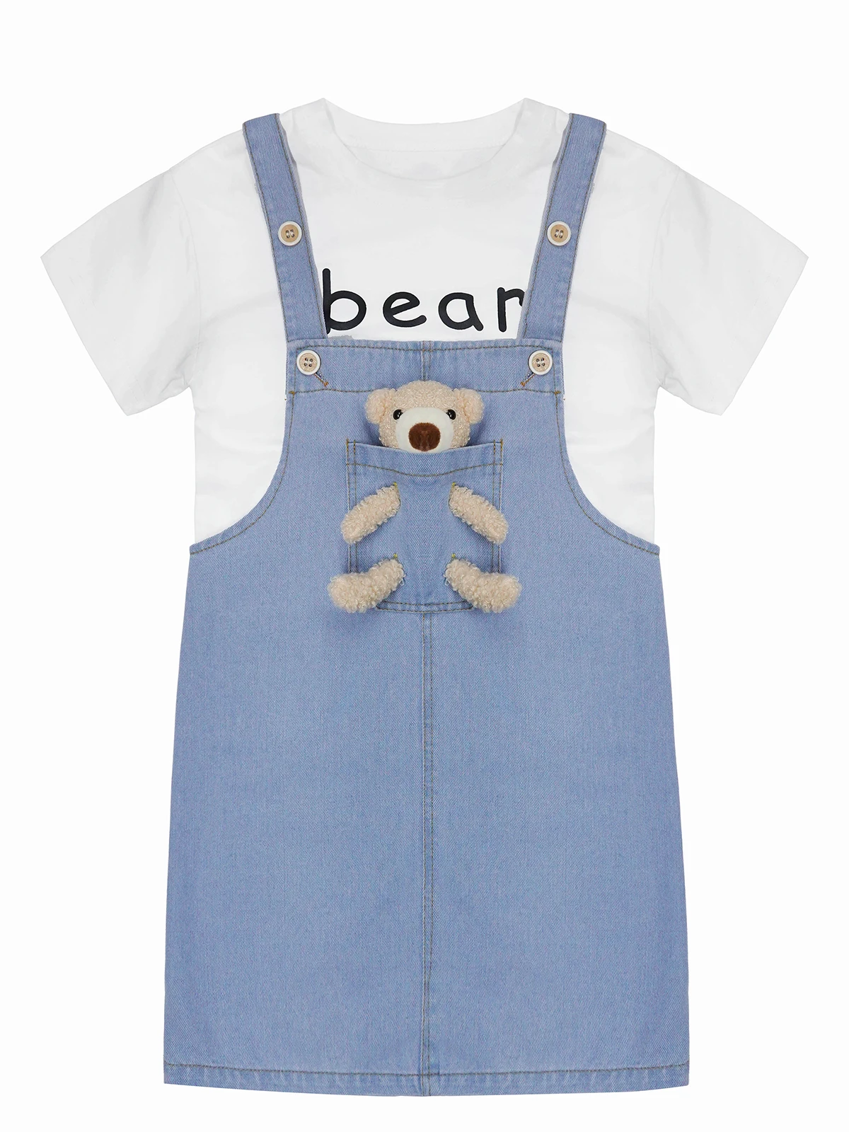 Джинсовый комбинезон KIDSCOOL для девочек летний цветной с милым медведем простой