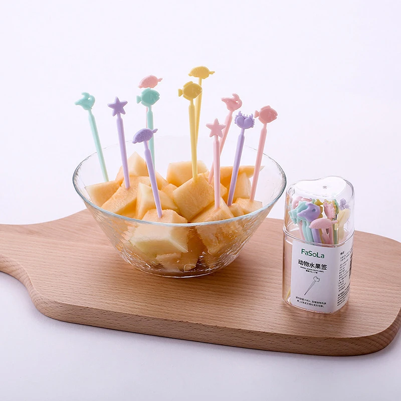 

20Pcs/Set Sweet Candy Color Mini Fruit Picks Child Kids Cute Cartoon Ocean Fish Handle Snack Dessert Forks Bento
