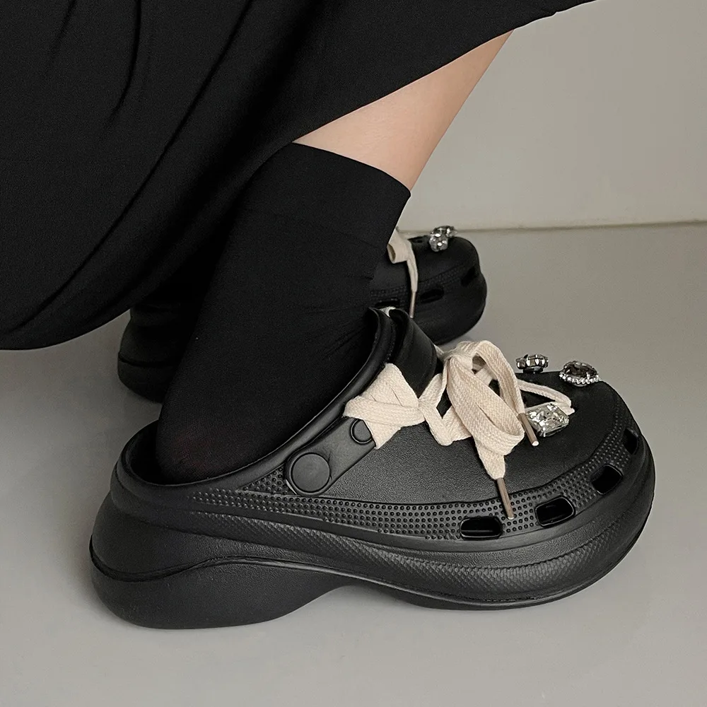 Women Summer Slippers DIY Lace-up Clogs For Female Thick Sole Ladies Fashion Slides Girls Beach Shoes Street Wedges Sandals