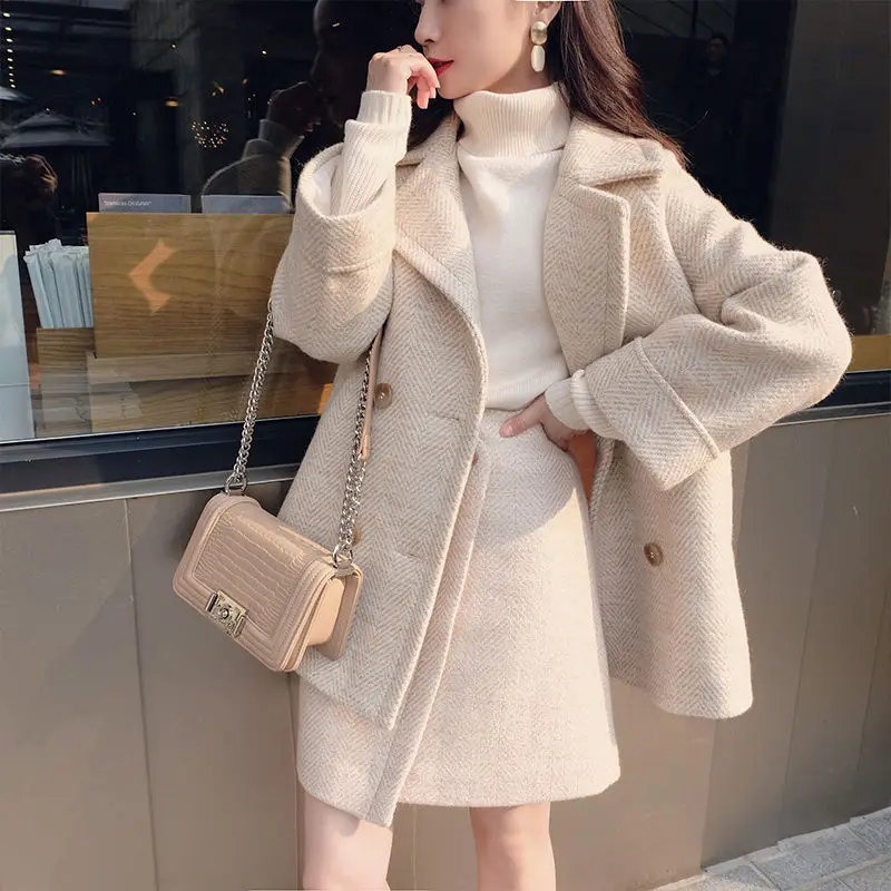 M GIRLS Bella Philosophy 2019 Autumn Winter Women Woolen Suit Office Lady Double Breasted Blazer Female Elegant Two Piece Set