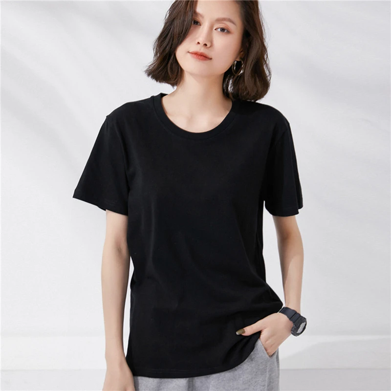 

women Summer Women Shorts Sleeve Cotton Tshirts Fashion Solid O-Neck Tshirts Ladies T-Shirts Black S-XXL