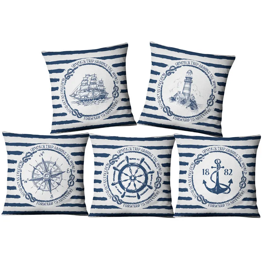 

Ship Anchor Printing American Ocean Style Flax Linen Pillow Case Home Decor Cloth Sofa Mediterranean Cushion Pillow Cover ZB637
