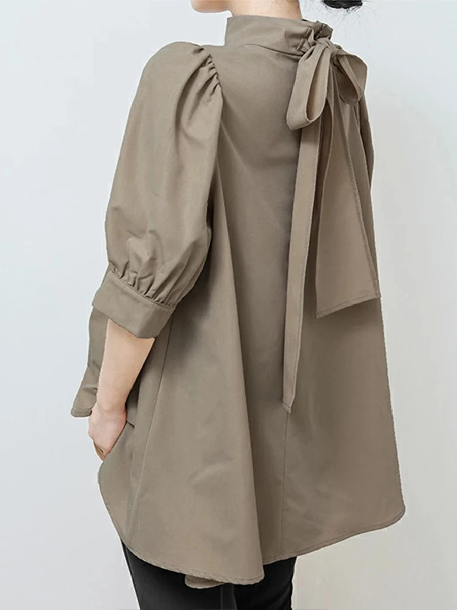 

Elegant Women's Blouse 2022 Japanese Korean Spring Solid Color Bow Tie Mid-sleeve Half Turtleneck Shirt Fashion Irregular Top