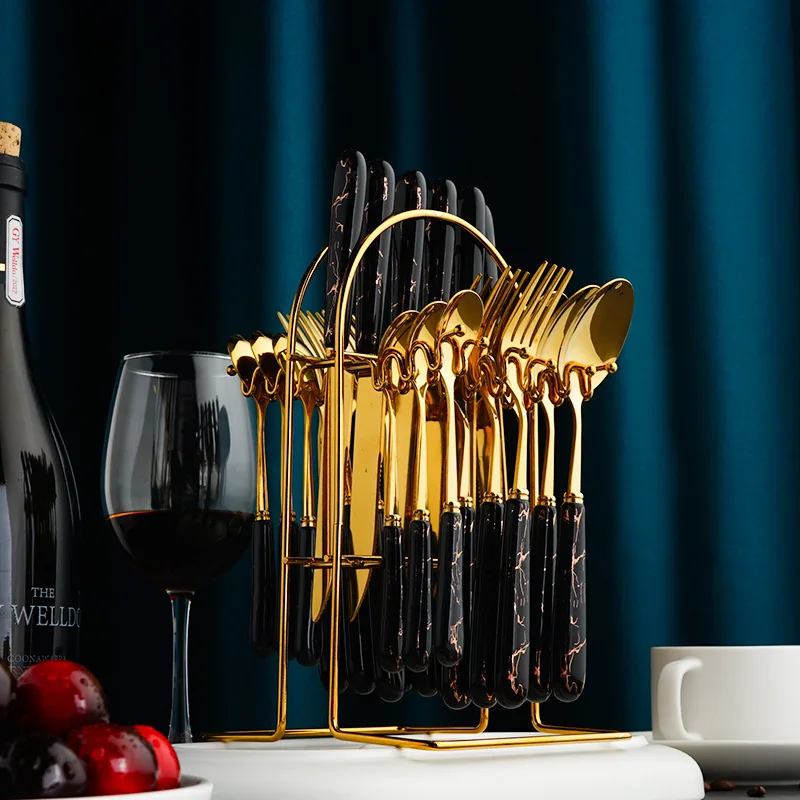 

Набор золотых вилок, ложки и ножей, 24 шт., посуда с керамической ручкой, Обеденный набор, столовые приборы из нержавеющей стали 304, набор посуд...