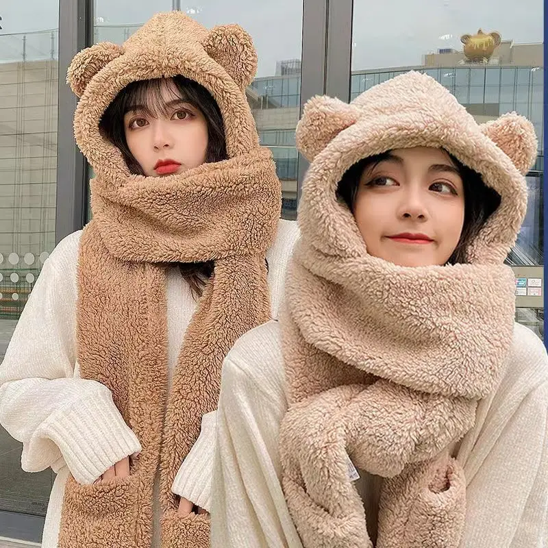 New Cute Bear Ear Hat Scarf Gloves Set Winter Women Beanies Caps Warm Casual Plush Hats Casual Solid Fleece Girl Kawaii Present