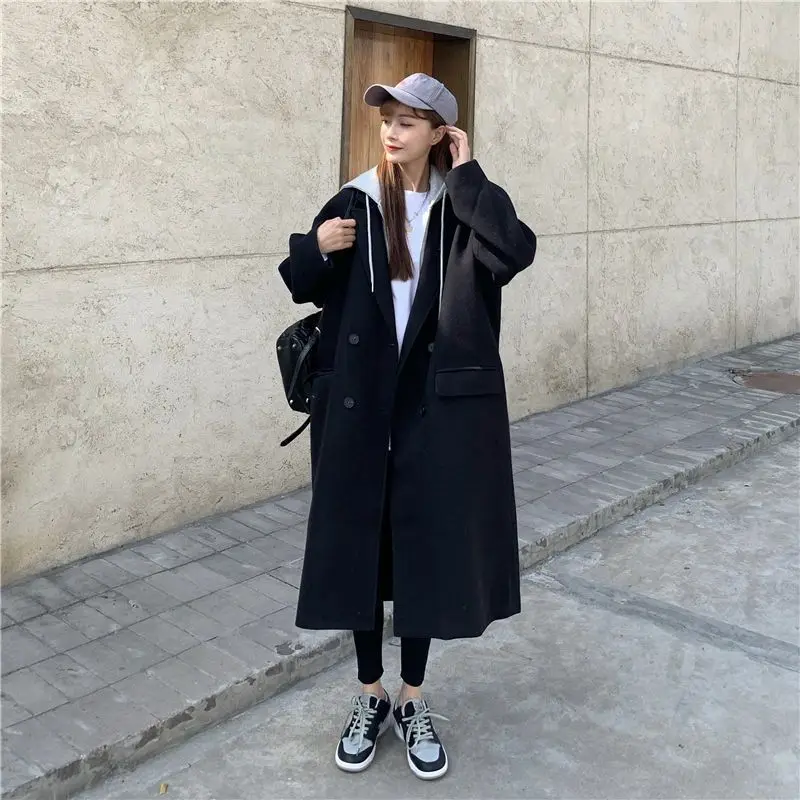 

Thick Fake Two-piece Woolen Coat 2022 Autumn And Winter New Female Korean Mid-length Loose Plus Cotton Woolen Coat Academy Style