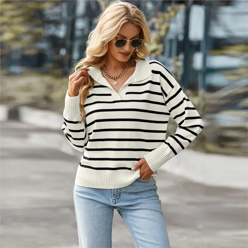 

Striped Sweater Women Autumn Winter V-neck Sweaters Soft Comfortable Pullovers Casual Warm Top Daily Outer Wear