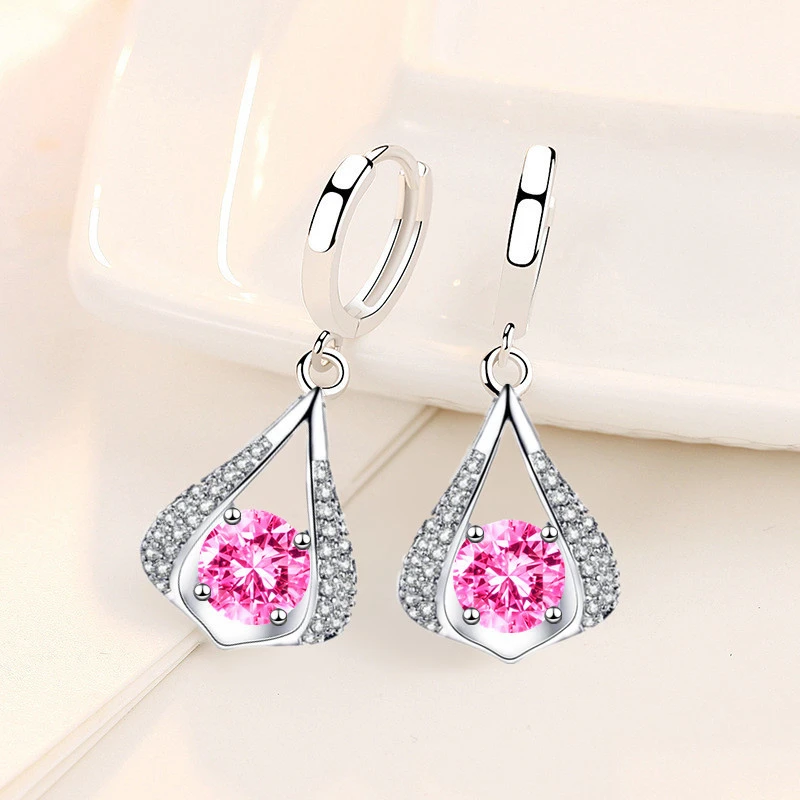 

New 925 Stamp Silver Plated Women Drop Earrings Luxury Geometric Pendant Top Quality Zircon Earring For Women Girlfriend Jewelry