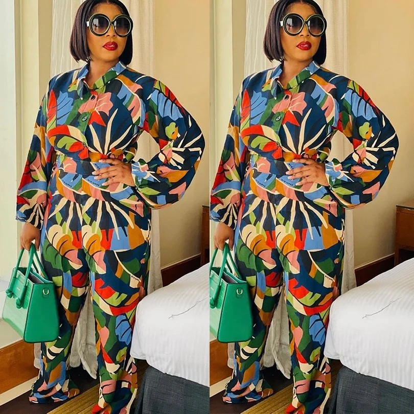 

Костюм в африканском стиле для женщин, комплект из двух предметов из полиэстера с длинным рукавом и принтом, топ и длинные брюки, одежда в аф...