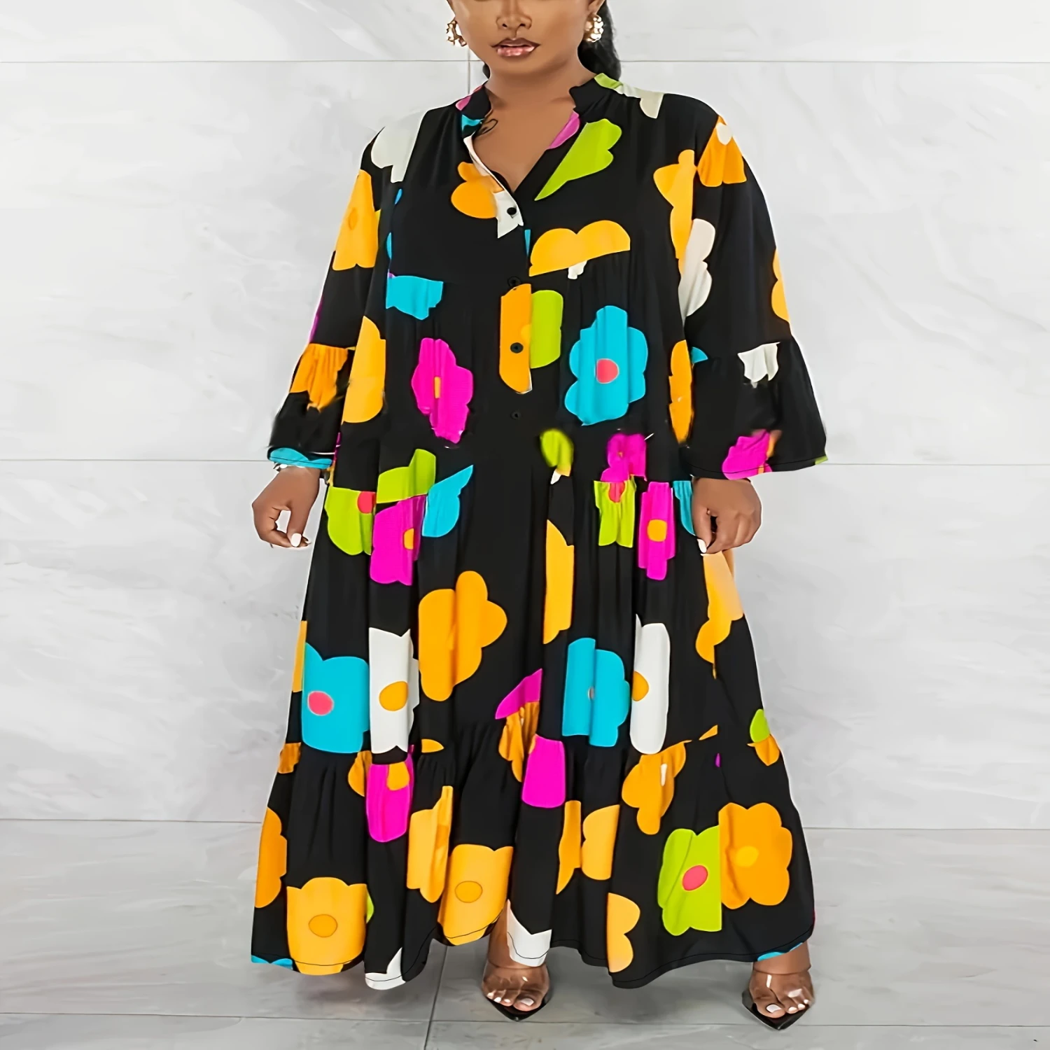 Plus Size Floral Haven Dress - Loose & Comfortable with Vibrant Prints Long Sleeve Button Front for Spring Fall Curvy Wome