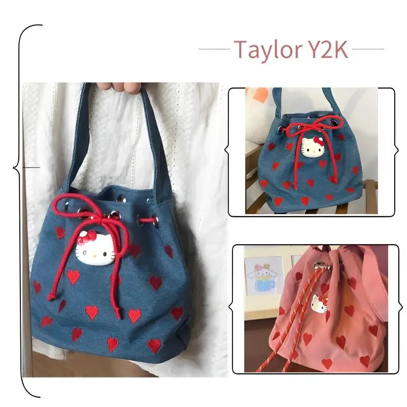 

2023 Sanrio Hello Kitty Bucket Bag Cartoon Anime Cowboy KT Fashion Kawaii American Crossbody Drawstring Bag Y2K Spicy Girl