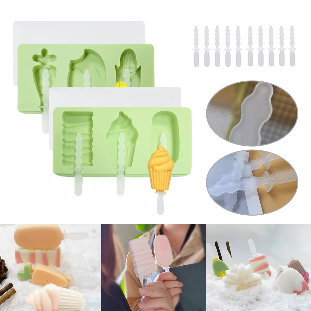 

2PC Silicone Ice Cream Mold DIY Chocolate Popsicle Reusable Bar Pop Molds Summer Ice Dessert Tools With Cover + 10 PC Stick