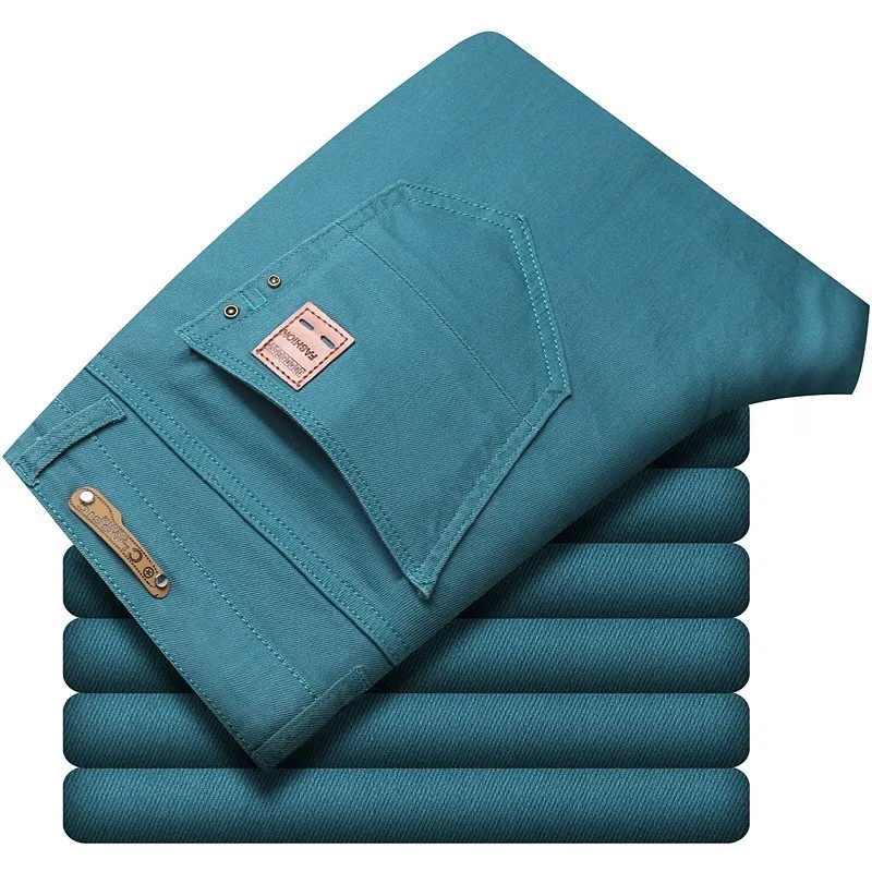 Мужские Эластичные Прямые Джинсы Однотонные Повседневные Высококачественные