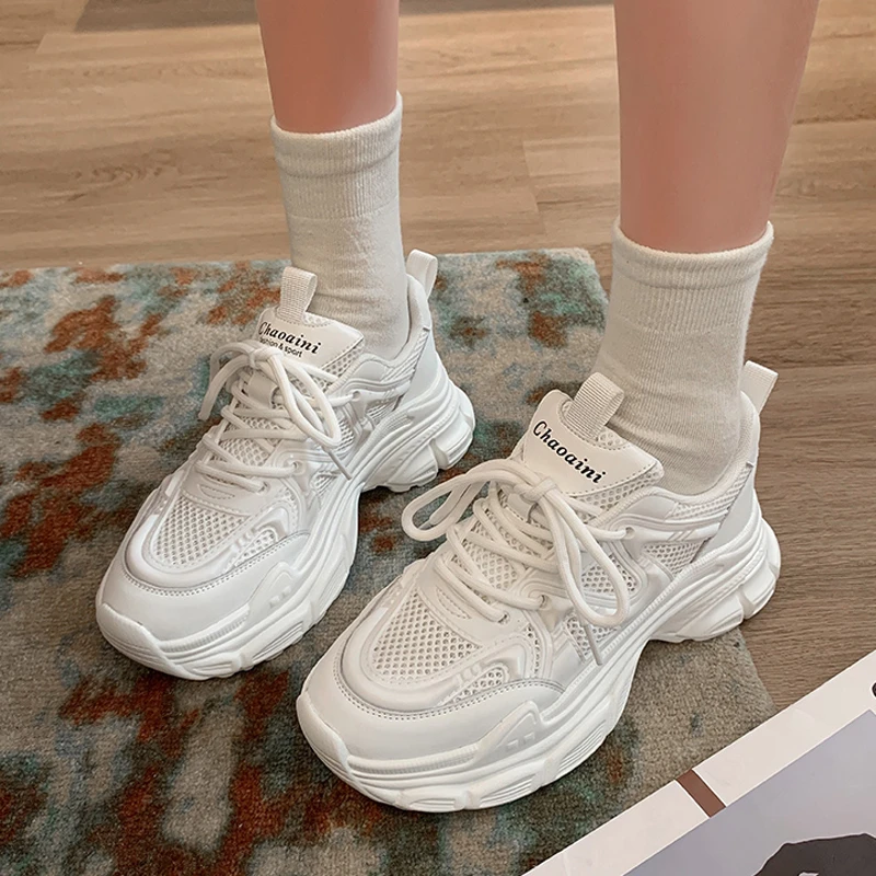

Women's Shoes 2023 Fashion Mesh Women's Vulcanize Shoes Summer Breathable Women Sneakers Solid Lace Up Ladies Chunky Sneakers