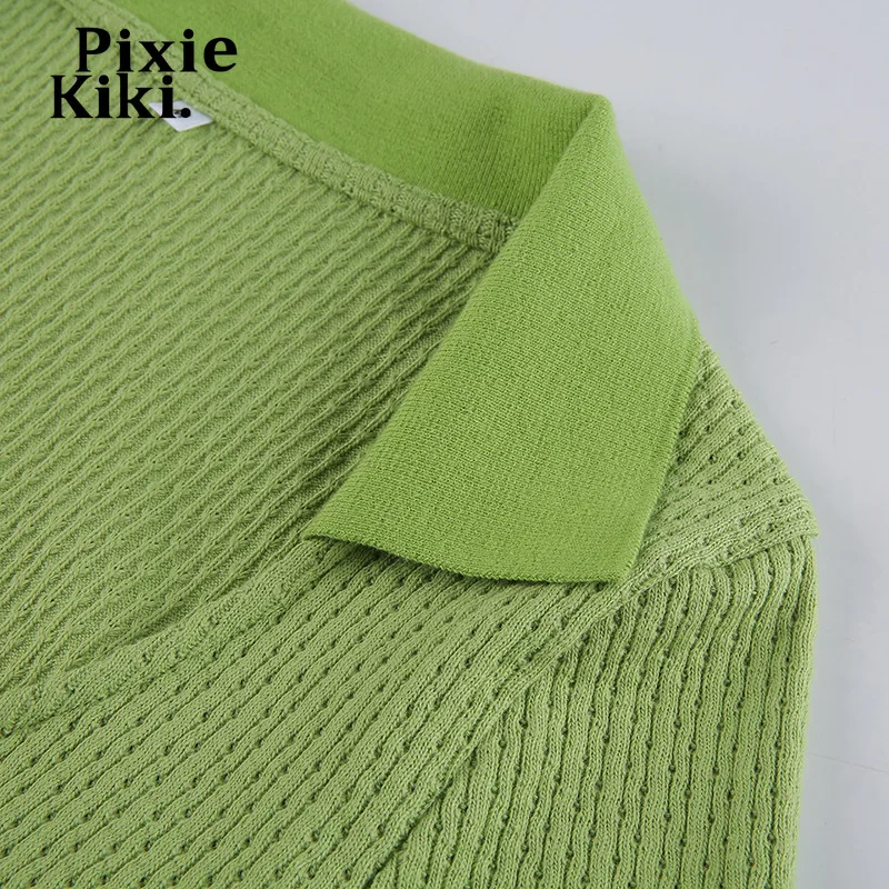 Пикантные зеленые вязаные футболки PixieKiki Y2k одежда с воротником на пуговицах