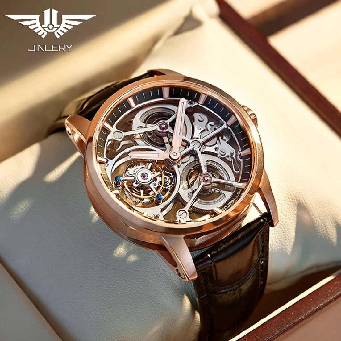 

JINLERY Real Tourbillon Watch for Men Manual Mechanical Watches Wristwatch Skeleton Luxury Watches Steel Strap Relogio Masculino