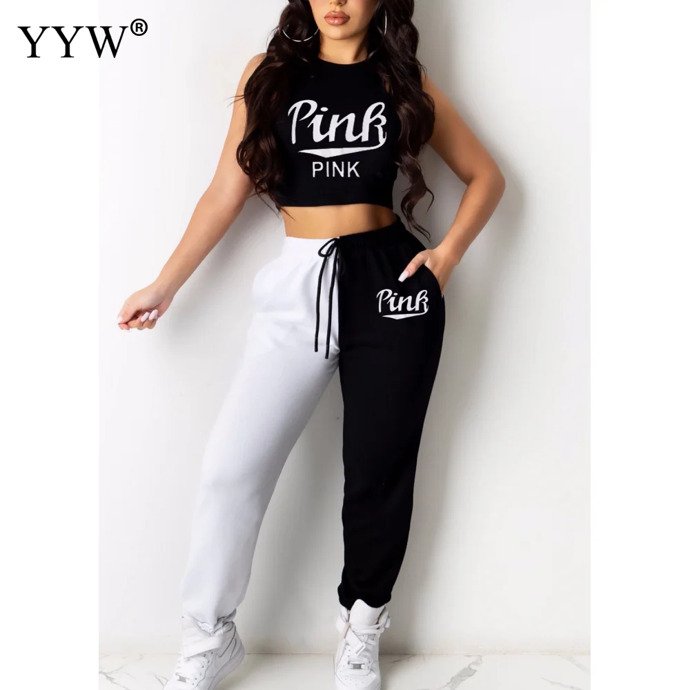 

Carimac Women PINK Sport Two Piece Sets Gym Outfit Sleevess Crop Top Workout Spliced Tracksuits Femme Leggings For Fitness Suit