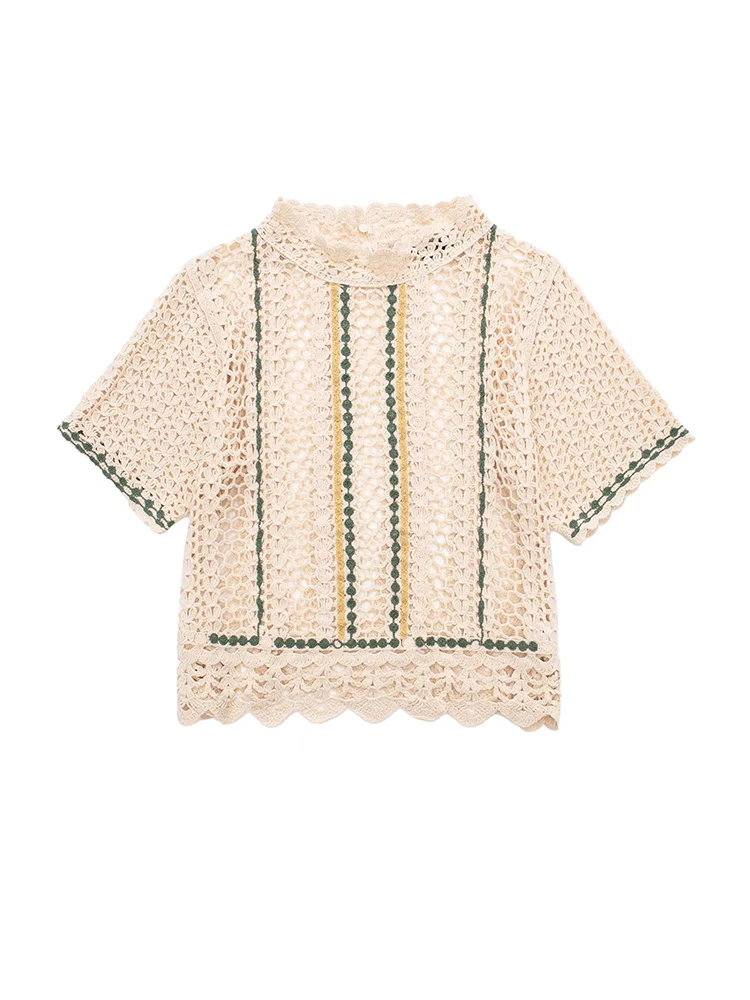 

TFMLN 2022 летний женский вязаный свитер с круглым вырезом и коротким рукавом, вязаный крючком Топ, Повседневная винтажная ткань