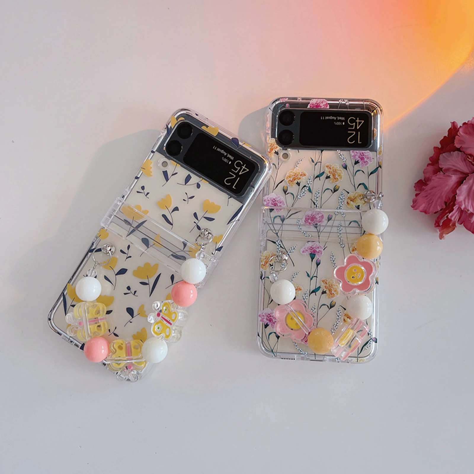 

Hard Clear Flower Case for Samsung Galaxy Z Flip 3 4 5G with Wrist Strap Cute Case Thin Slim Transparent Cover for Z Flip 4 2022