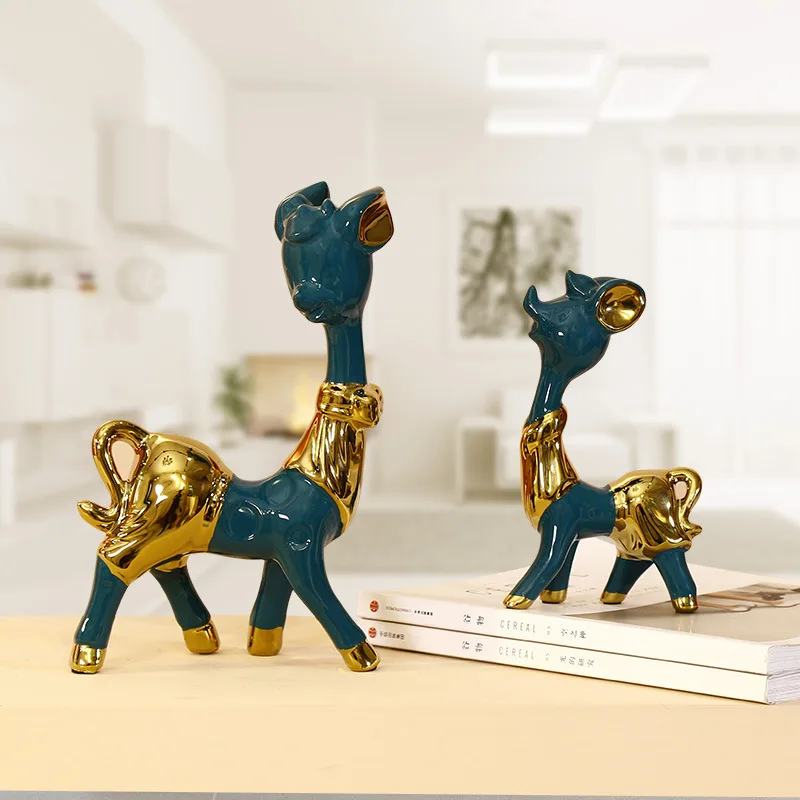 

Nordic Morandi dark green belt gold ceramic auspicious deer ornaments high-end villa club hotel restaurant decoration