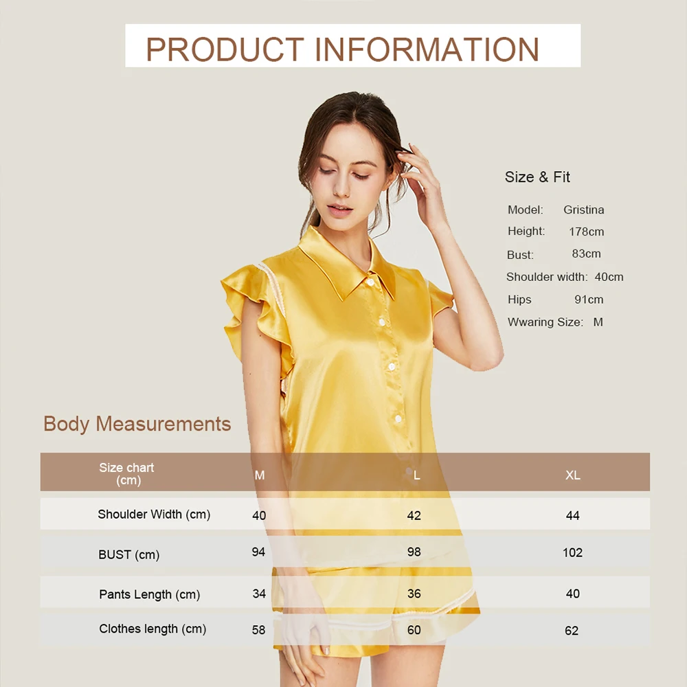 LiliRoms Yellow 100% Silk Pajamas Set Sleepwear 22 Momme Luxury Natural Silky Shorts Sleep Women's Clothing Free Shipping