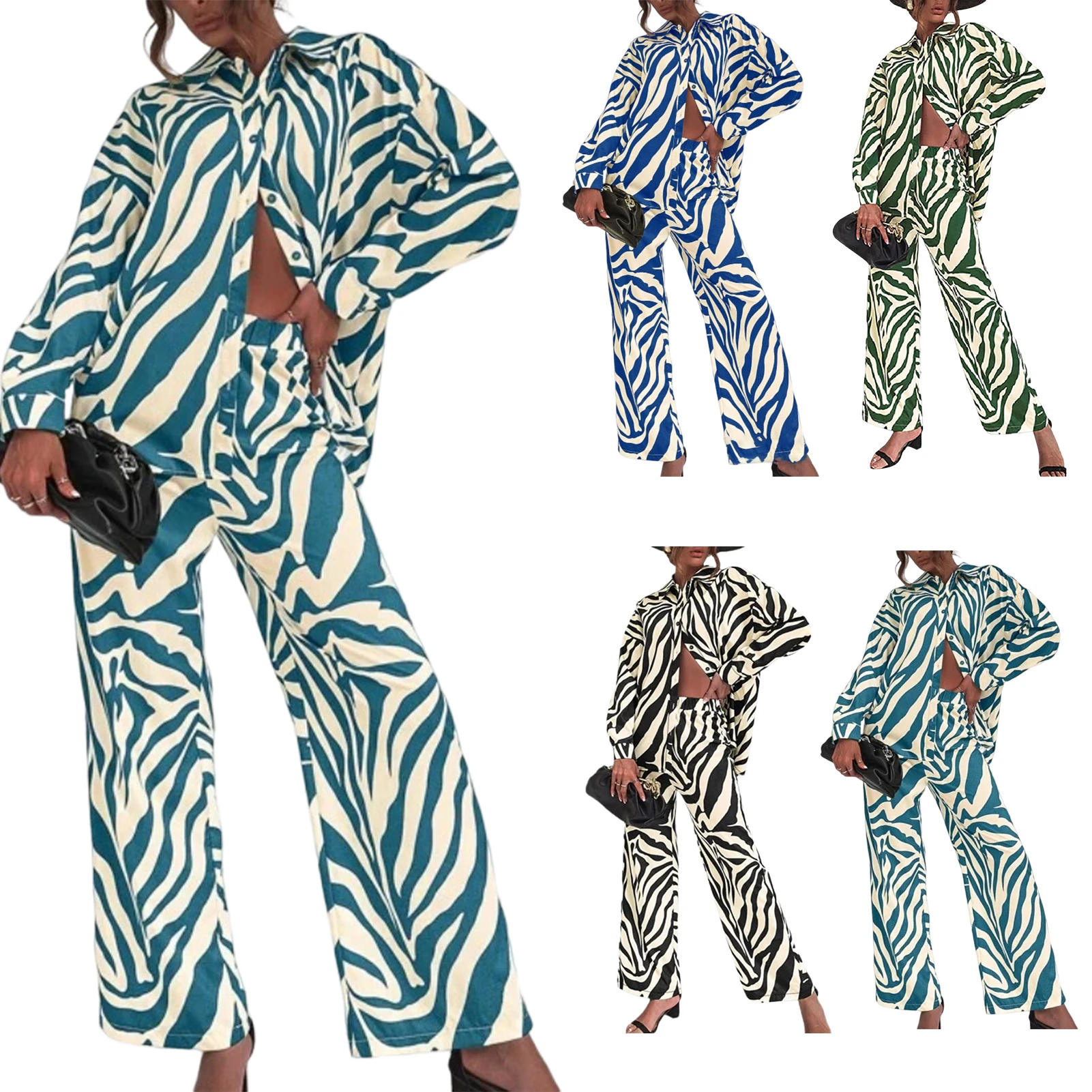 

2023 Zebra Printed Pants 2 Pieces Set Casual Women Shirt High Waist Pants Long Sleeve Shirts Fashion High Waist Long Pants Suits