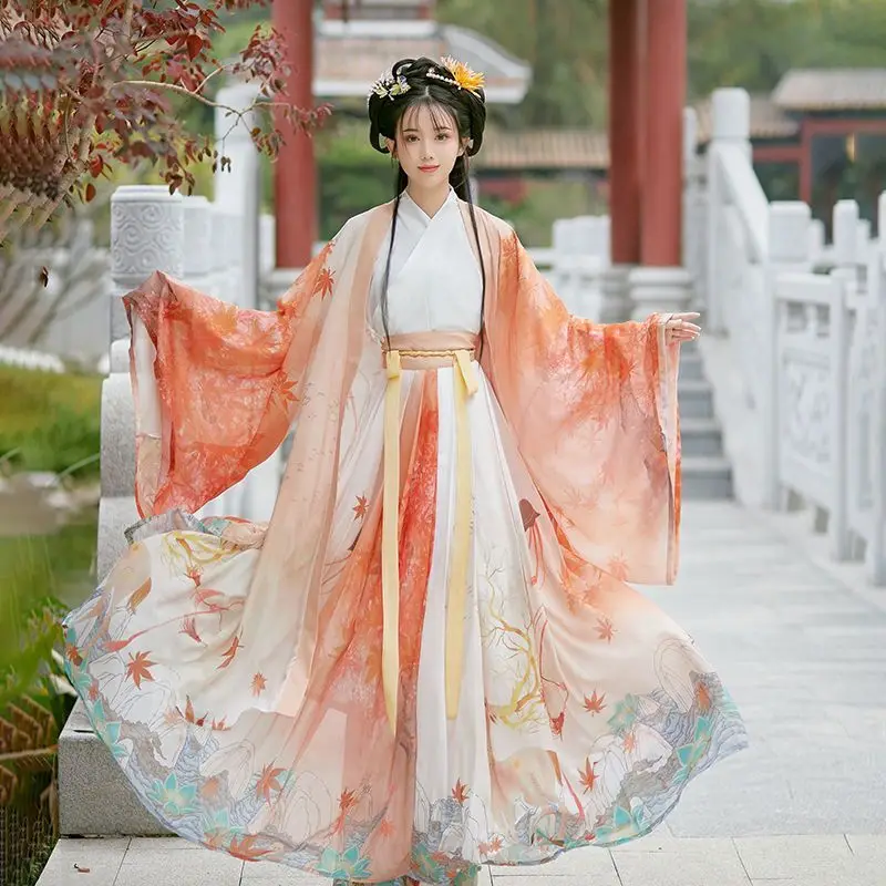 

Китайское платье ханьфу для женщин, традиционный принт в древнем стиле, Женский карнавальный костюм ханьфу для косплея, сценическое танцевальное платье оранжевого и белого цветов