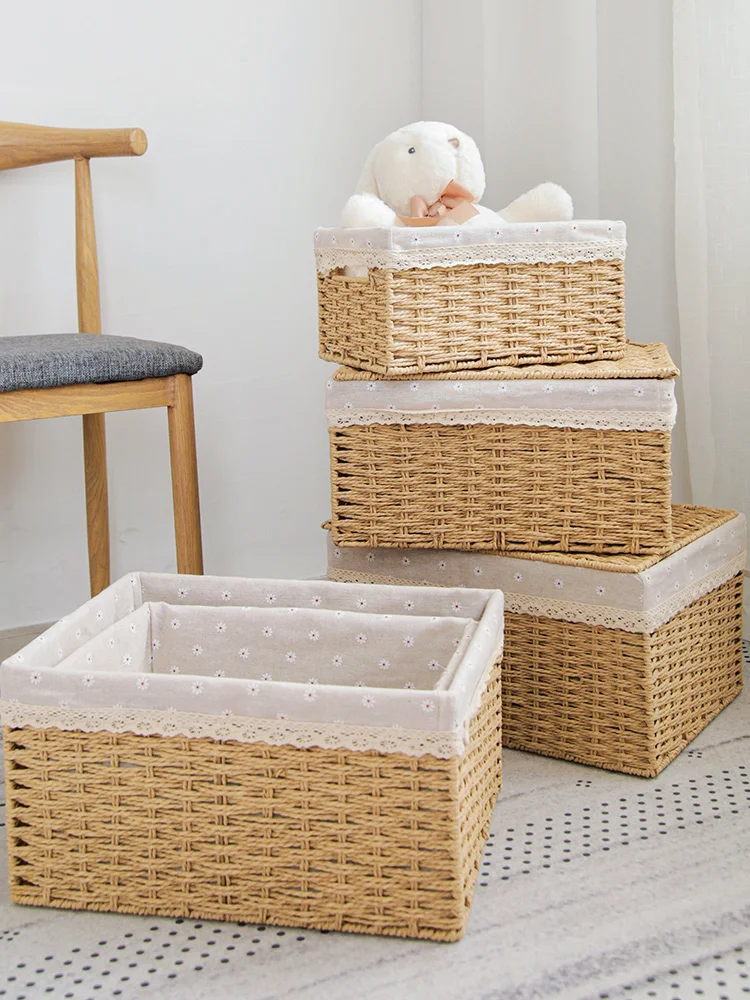 Storage Box with Lid Imitation Rattan Woven Dormitory Storage Basket Large Book Storage Box Toy Sundries Snack Rim