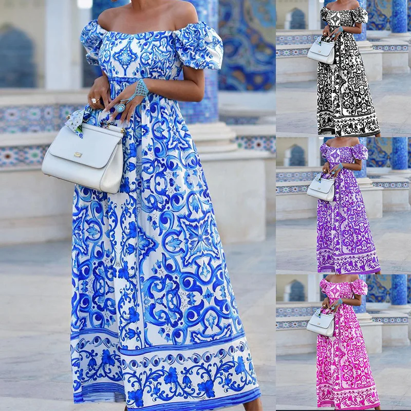 

Summer Women's New 2023 Fashion Temperament One Neck High Waist Bohemian Printed Dress Bubble Sleeve Party Swing Long Dress