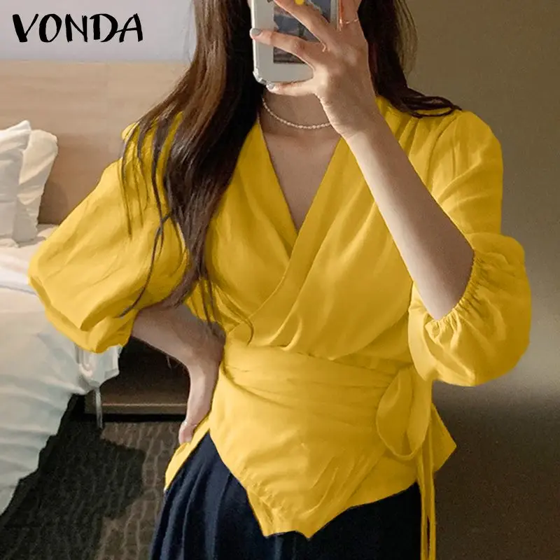 

Блузка VONDA Женская с длинным рукавом, элегантная Однотонная рубашка с V-образным вырезом и высокой талией, блузка в ретро стиле, лето
