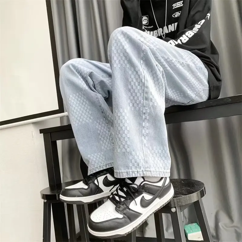 Mens Printed Jeans 2023 New Light Blue Straight Lift Pattern Loose High Street Casual Boyfriend Pants