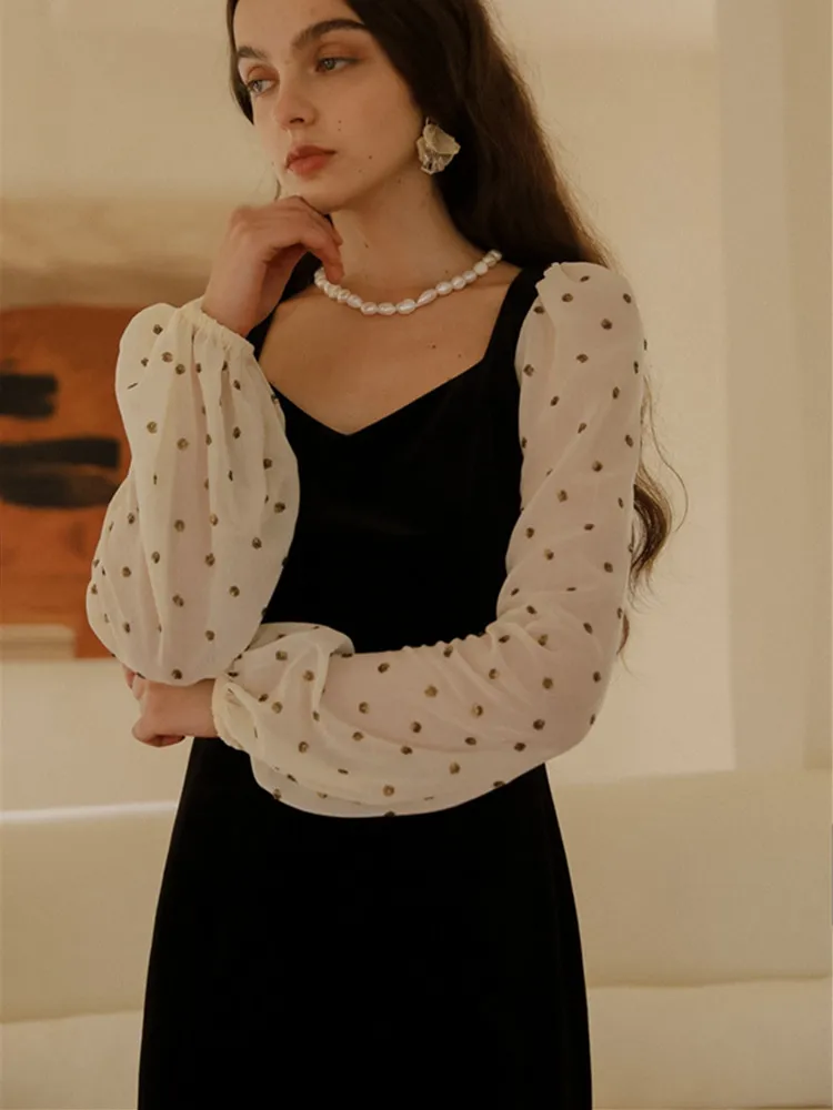 

AIGYPTOS Black Velvet Dresses Spring Fall Women Vintage Elegant Slim Sequins Flower Long Sleeve Patchwork Midi Dress Clothes