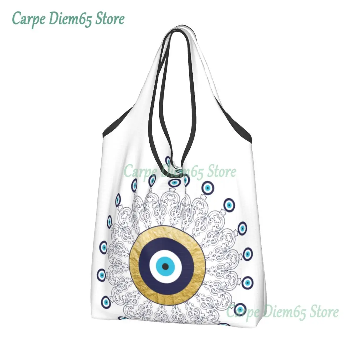 

Cute Evil Eye Mandala In Gold And Blue Shopping Tote Bag Portable Lucky Charm Amulet Grocery Shopper Shoulder Bag