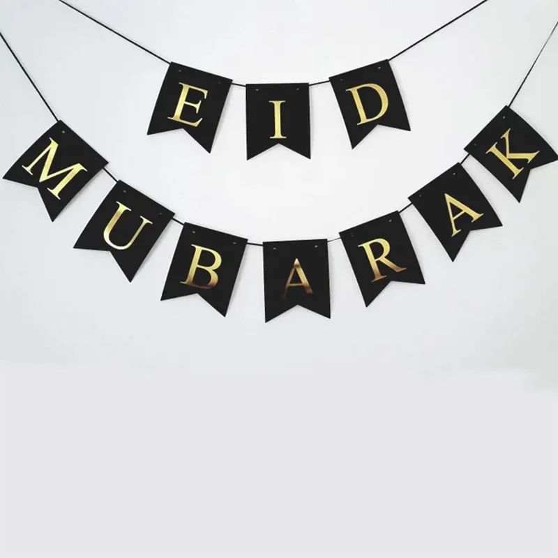 

Черный баннер eid mubarak, флажки, Мусульманский Исламский Рамадан кареем 2024 Eid Al-Fitr, домашний настенный декоративный знак, фон, подарок