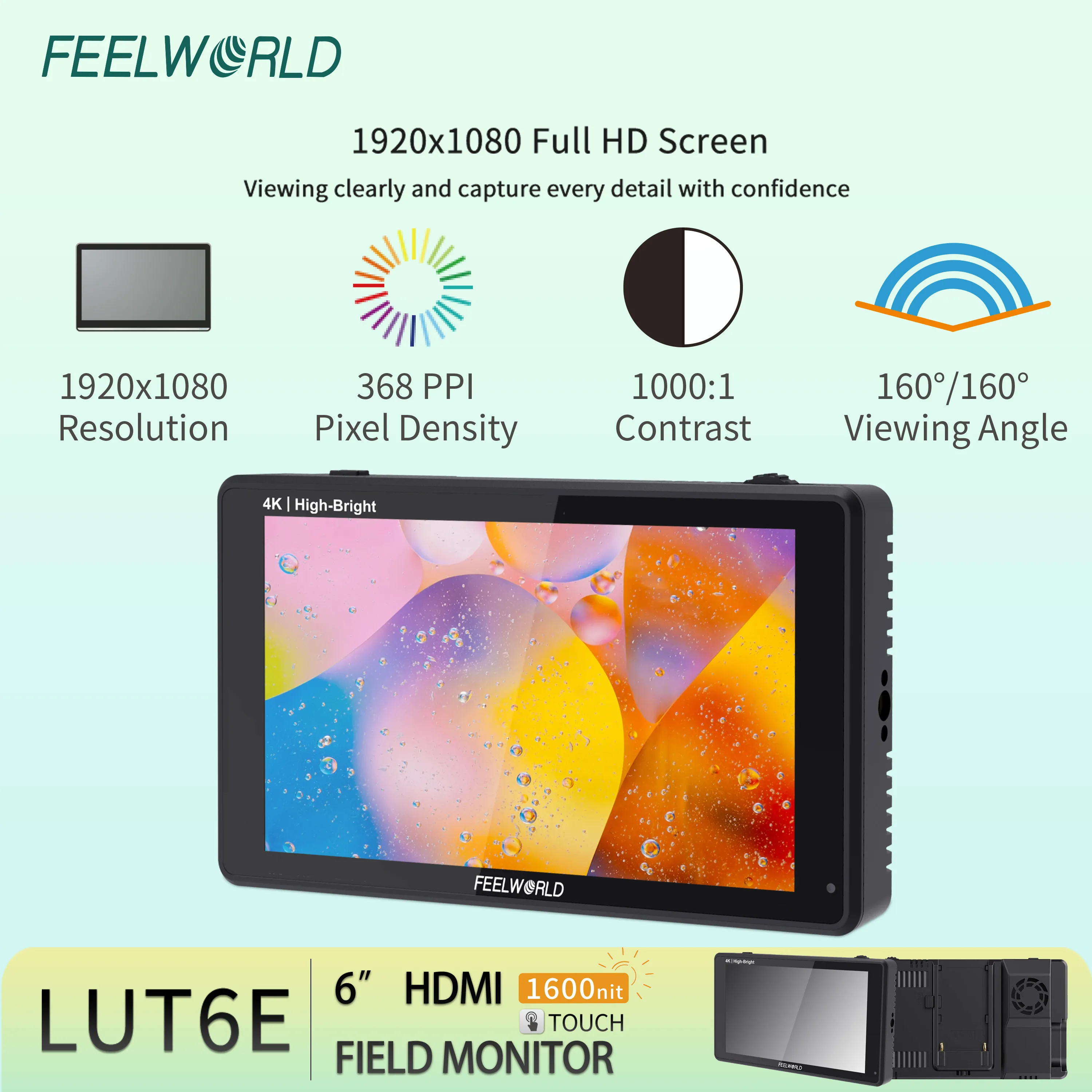 Фото FEELWORLD LUT6E камера с сенсорным экраном DSLR полевой монитор высокая яркость 1600 нит 6 дюймов FHD IPS оптовая продажа с фабрики ODM ODM №4