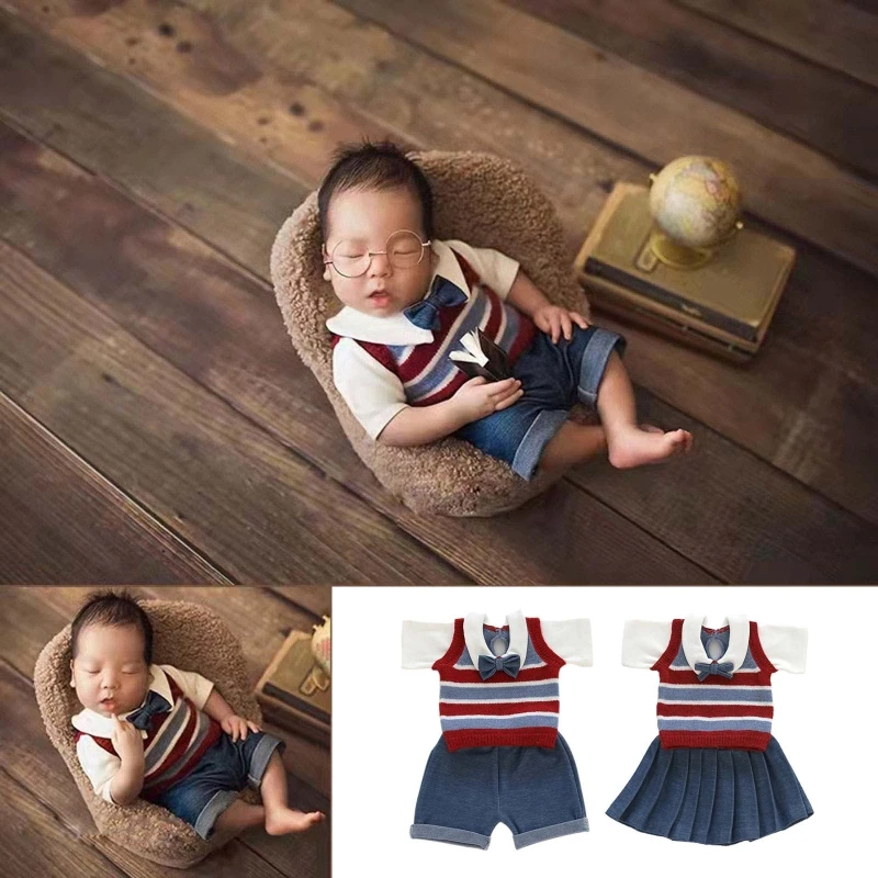 

2 Pcs Newborn Photography Props Baby Vest Shirt Shorts Outfit Infants Photo Shooting Knit Short Sleeve Tops Pants Suit